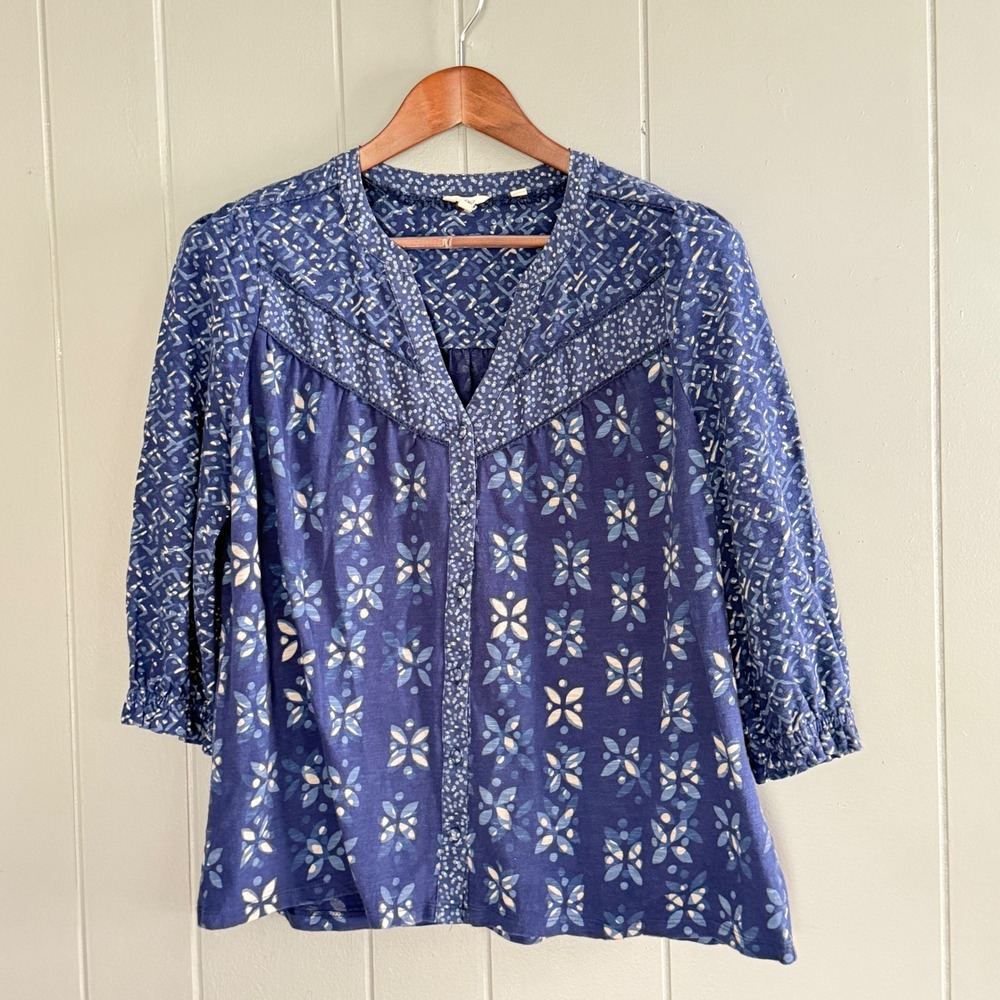 FatFace Indigo Block Print Boho Peasant Blouse 100% Cotton Medium Resortwear
